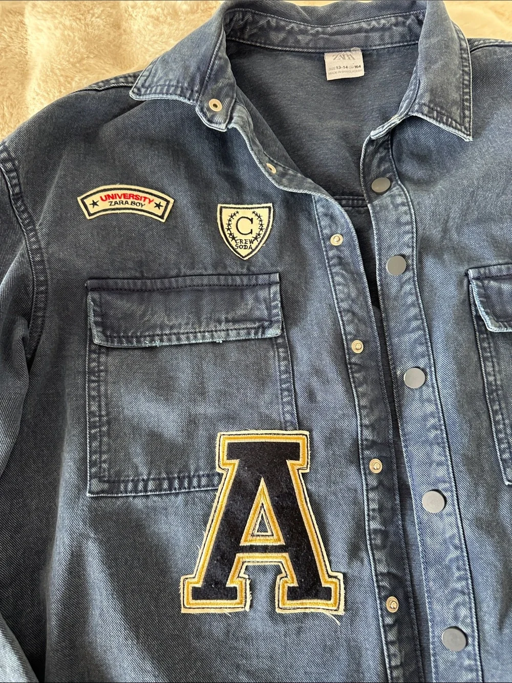 Zara Navy Patchwork Snap-Front Denim Jacket